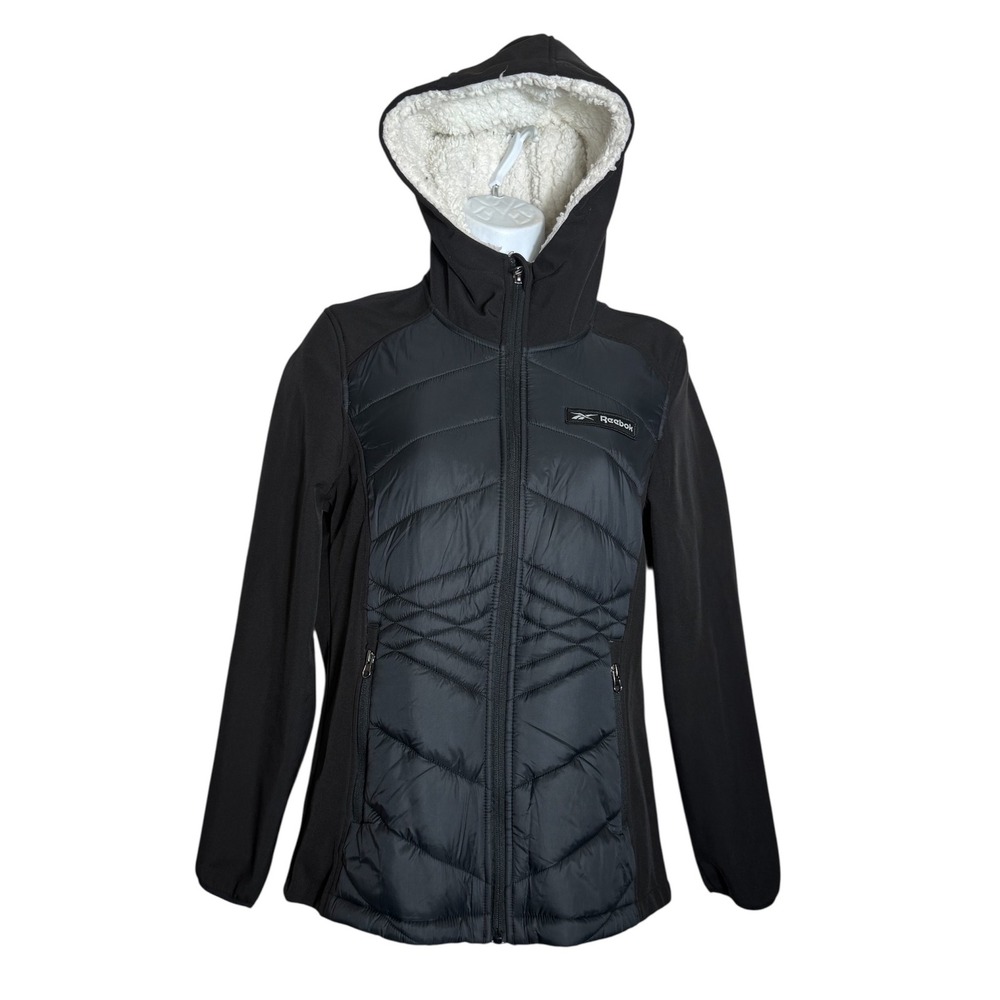 Reebok‎ Puffer Jacket Women's Size Small Black Fleece Hybrid Hooded PERFECT 🖤